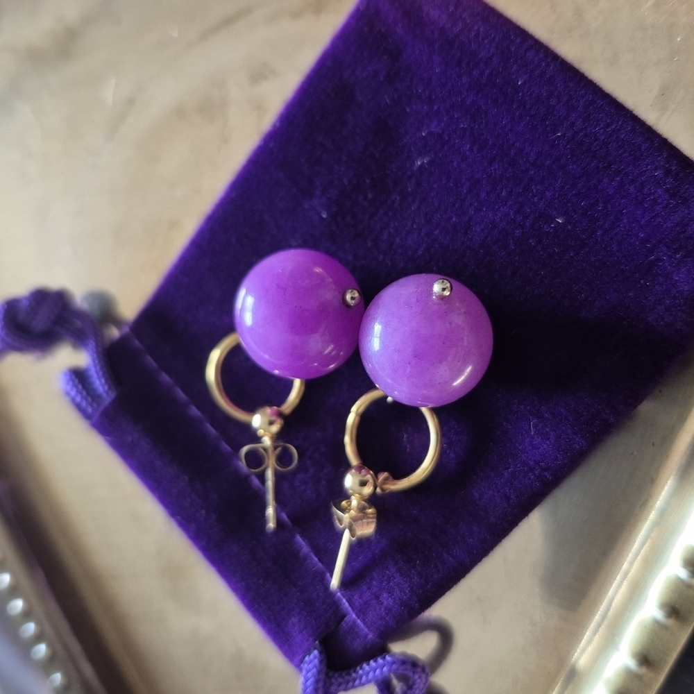 Purple Jade Ball and Gold Post Pierce  Earrings